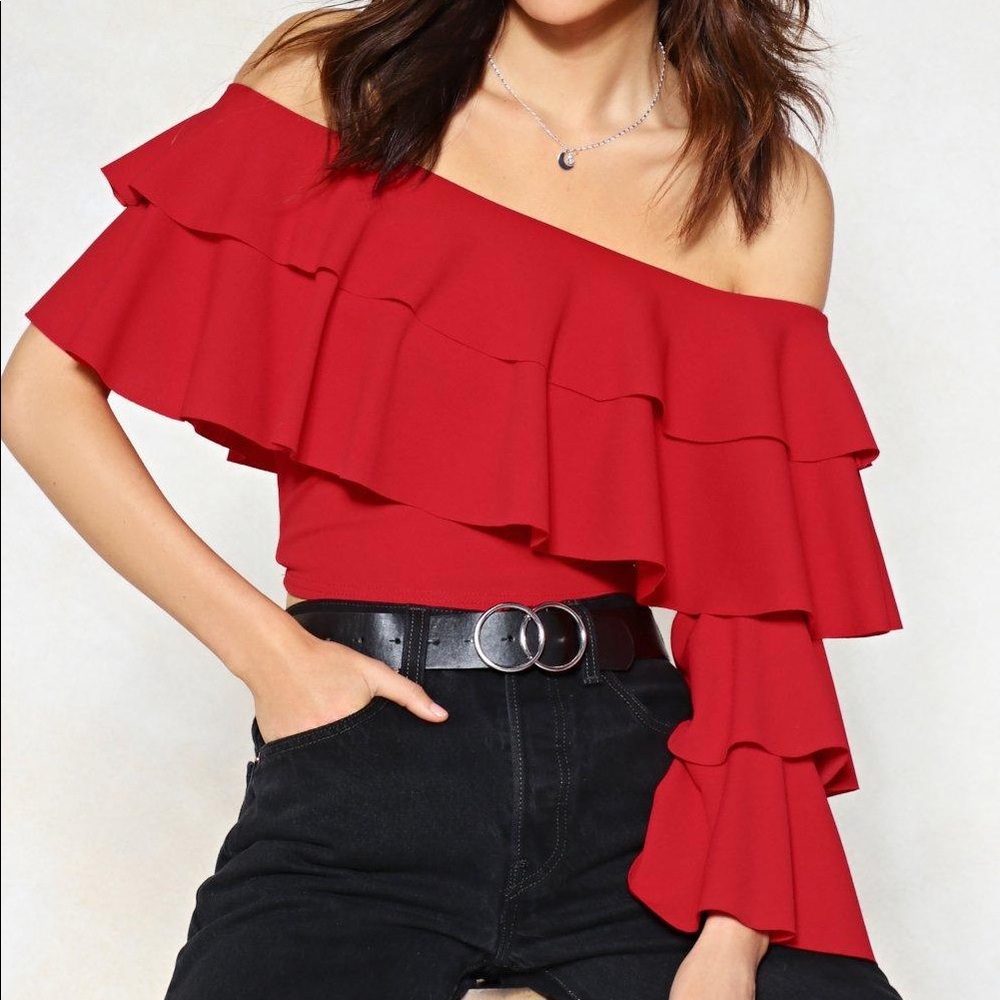 Nasty Gal red crop one sleeve ruffle top